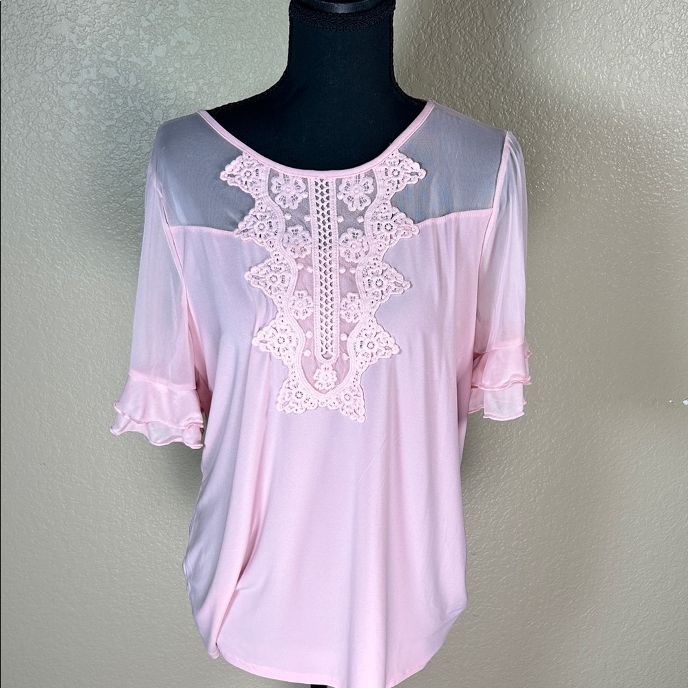 Adele & May Pink Sheer Lace Blouse Size Large Ruffle Sleeve Romantic Top